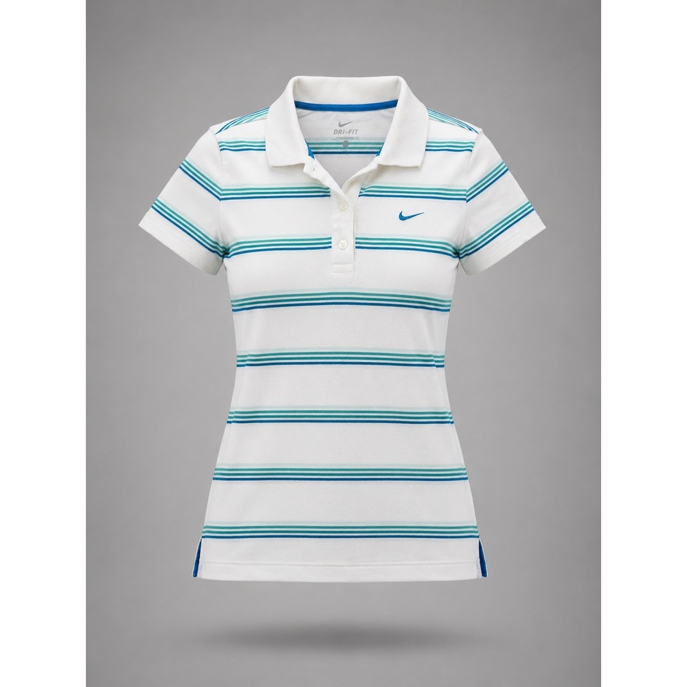 Nike Dri-FIT Womens Striped Polo Shirt White Teal Blue Short Sleeve Size S